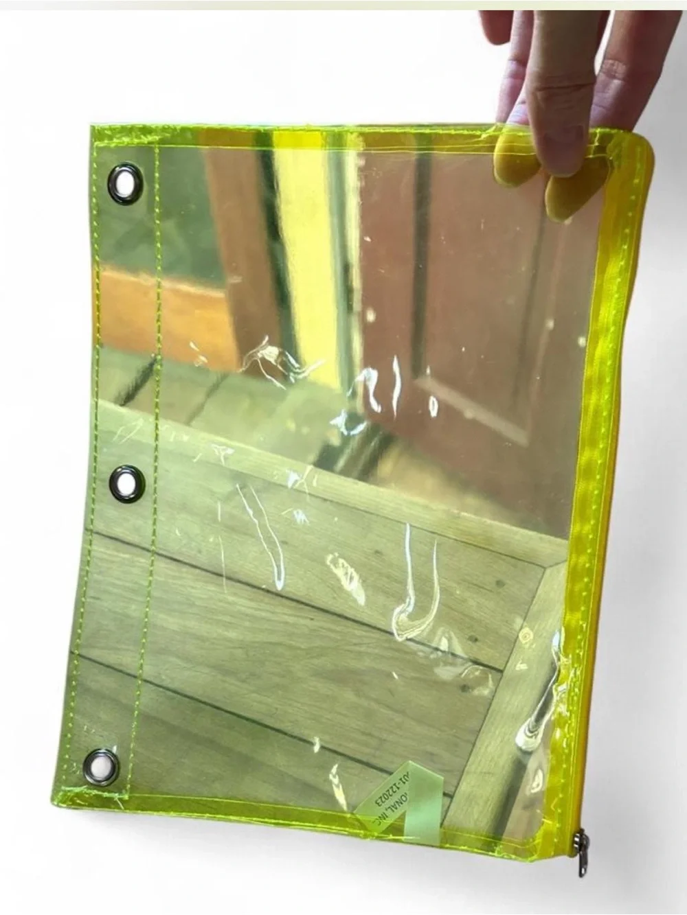 Clear Neon Lime Vinyl Zipper Pouch with Binder Holes